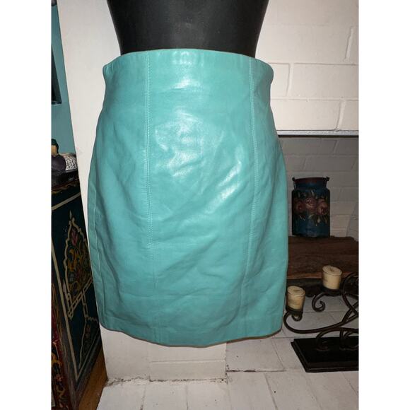 VINTAGE 80's EIGHTIES VAKKO AQUA TURQUOISE LEATHER SKIRT - Picture 1 of 8